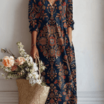 Francisca™ | Vestido Boho Longo Azul com Flores - Vestido | Benedita Lisboa