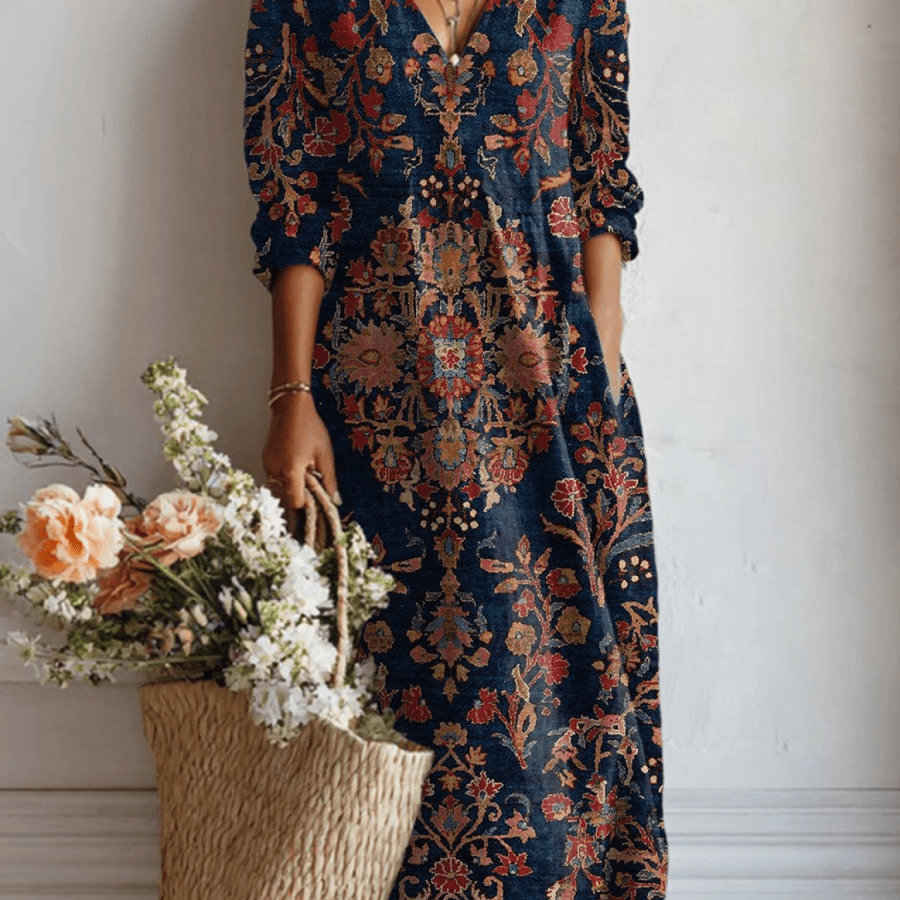 Francisca™ | Vestido Boho Longo Azul com Flores - Vestido | Benedita Lisboa