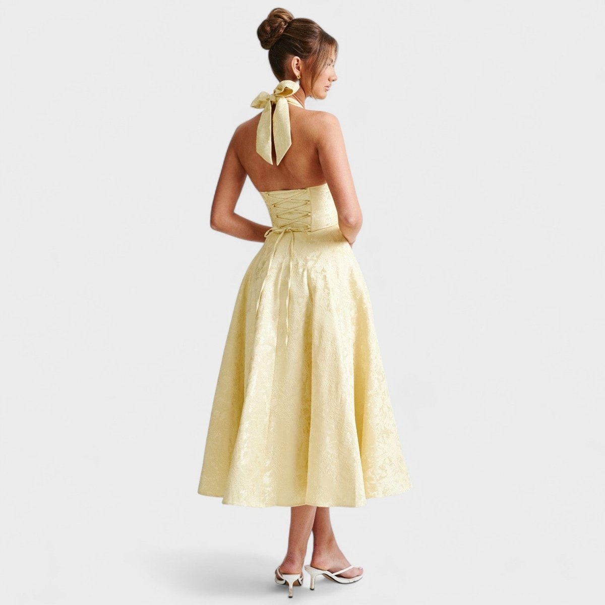 Halina™ | Vestido midi com espartilho e folhos - | Benedita Lisboa