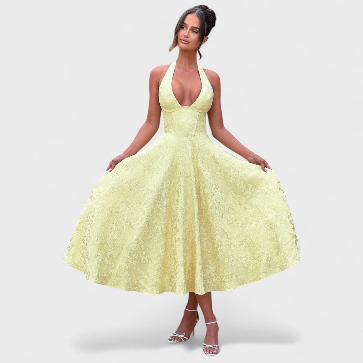 Halina™ | Vestido midi com espartilho e folhos - | Benedita Lisboa