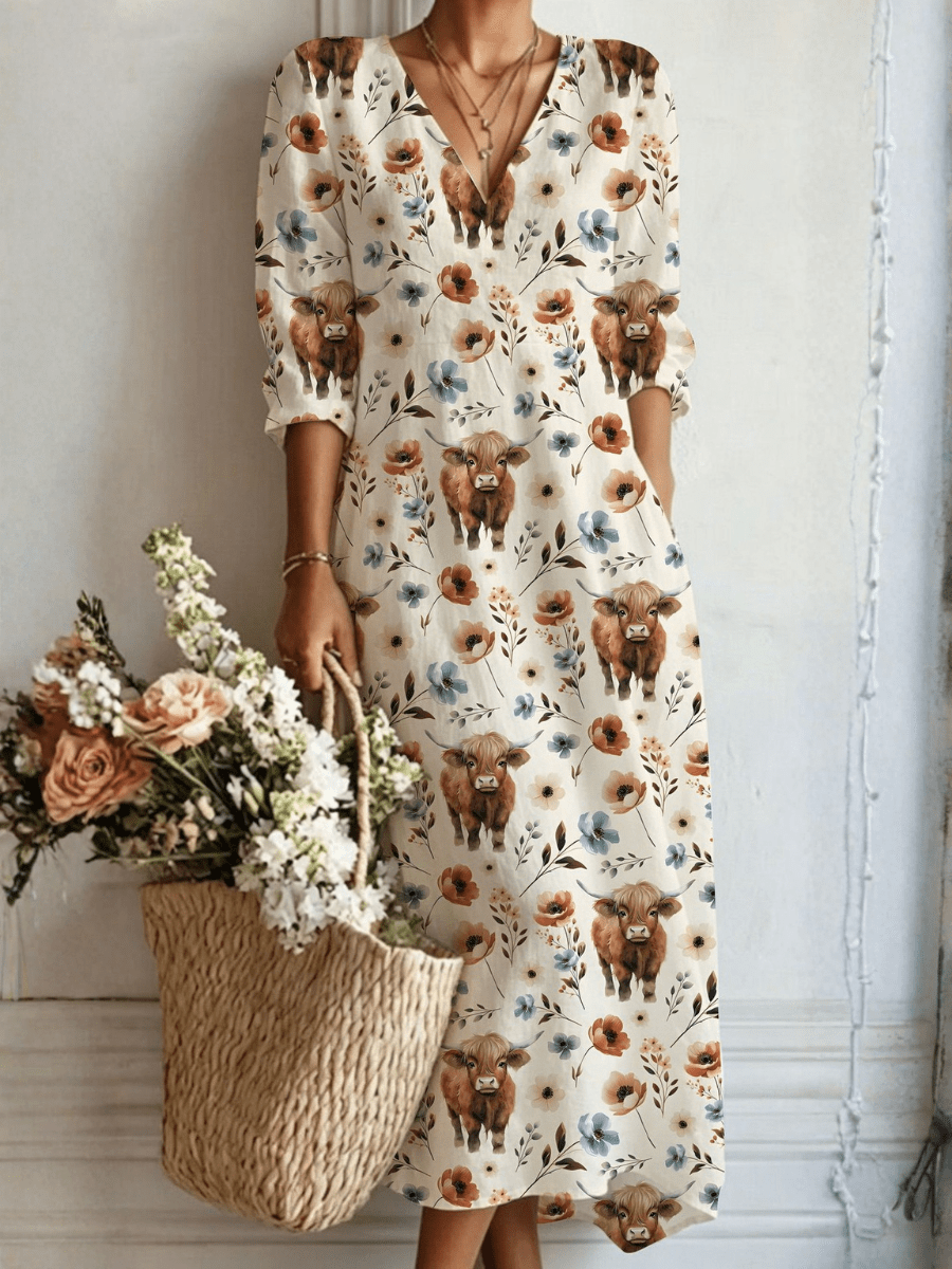 Helena™ | Vestido Boho Longo Creme com Vacas - Vestido | Benedita Lisboa