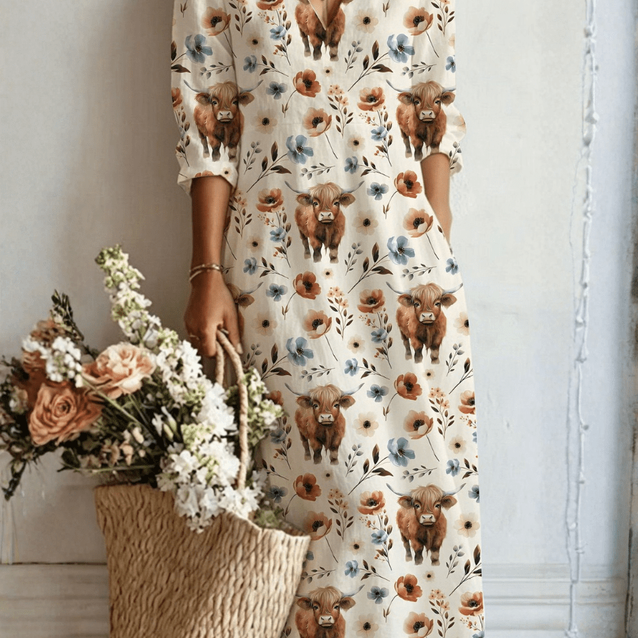 Helena™ | Vestido Boho Longo Creme com Vacas - Vestido | Benedita Lisboa