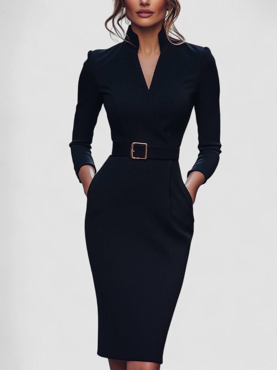 Iara™ | Vestido Justo Preto Refinado Com Cinto - | Benedita Lisboa