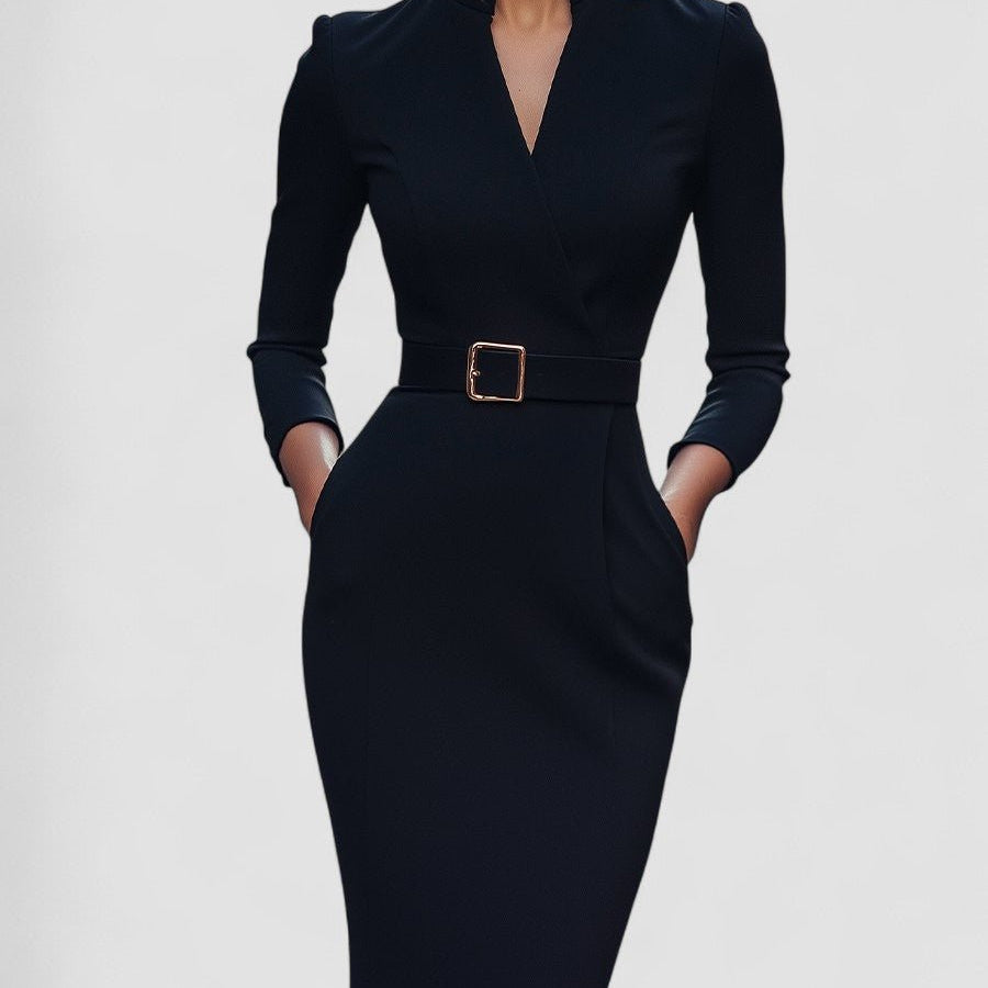 Iara™ | Vestido Justo Preto Refinado Com Cinto - | Benedita Lisboa
