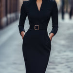 Iara™ | Vestido Justo Preto Refinado Com Cinto - | Benedita Lisboa