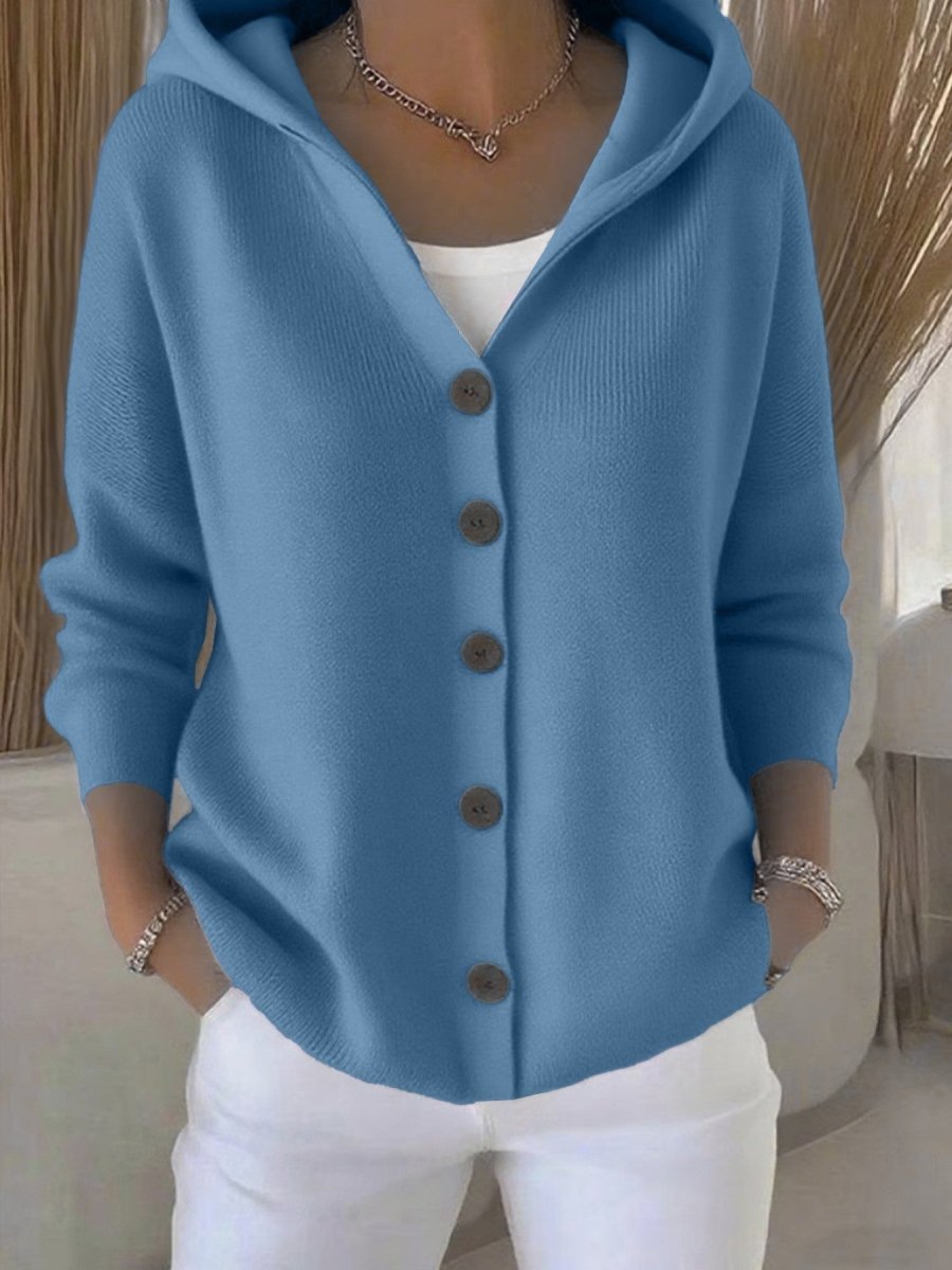 Ins Button Hooded Sweater Fashion Autumn And Winter Knitted Cardigan Casual Commuter Long Sleeve Top Women's Clothing - 0 | Benedita Lisboa