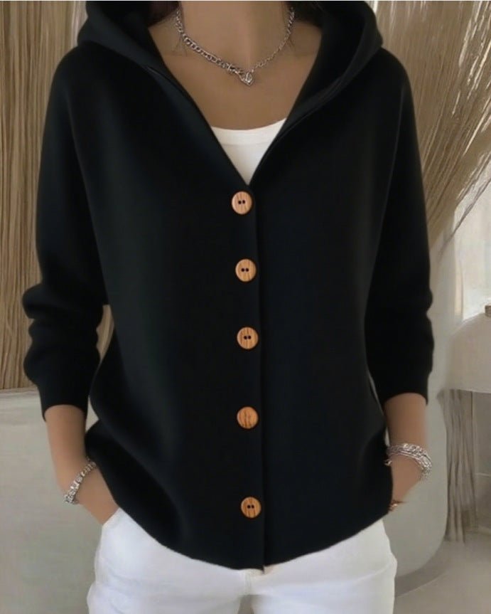 Ins Button Hooded Sweater Fashion Autumn And Winter Knitted Cardigan Casual Commuter Long Sleeve Top Women's Clothing - 0 | Benedita Lisboa