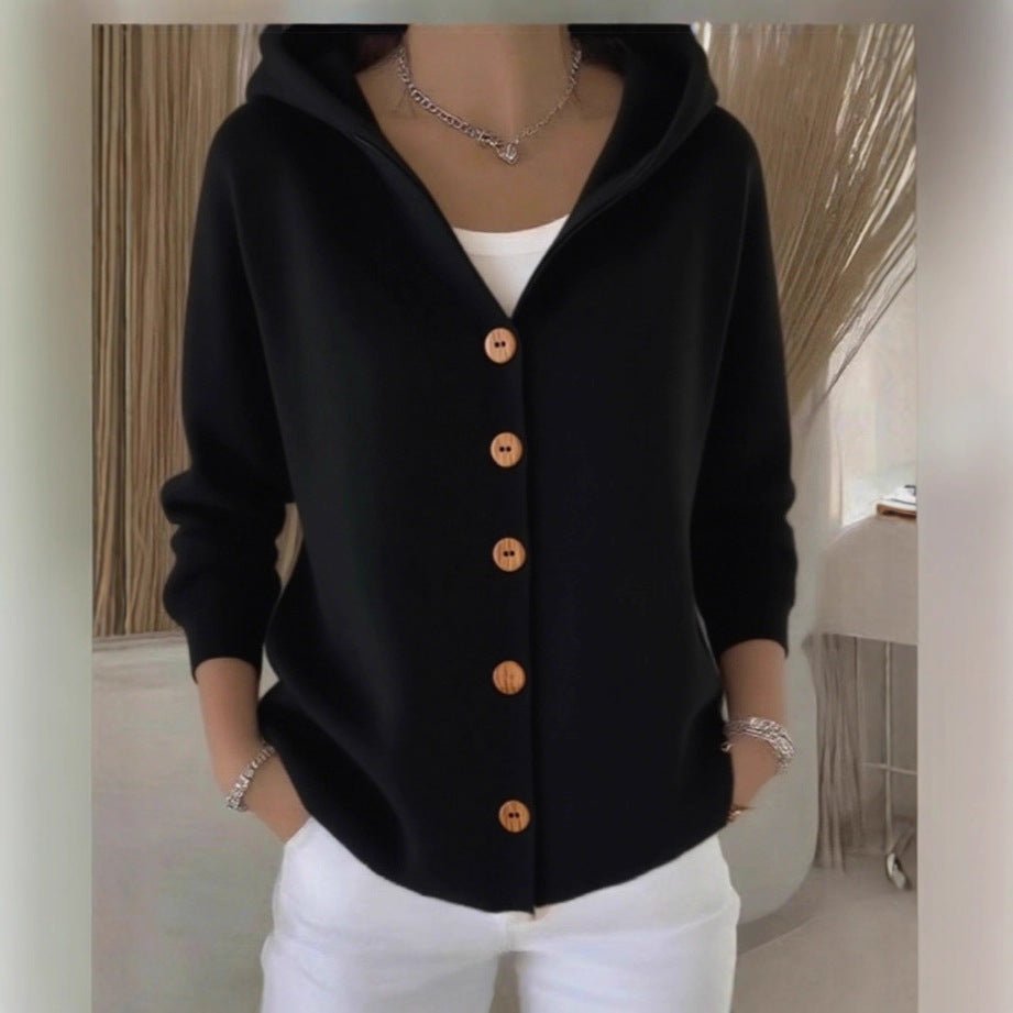 Ins Button Hooded Sweater Fashion Autumn And Winter Knitted Cardigan Casual Commuter Long Sleeve Top Women's Clothing - 0 | Benedita Lisboa