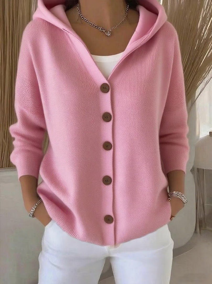 Ins Button Hooded Sweater Fashion Autumn And Winter Knitted Cardigan Casual Commuter Long Sleeve Top Women's Clothing - 0 | Benedita Lisboa
