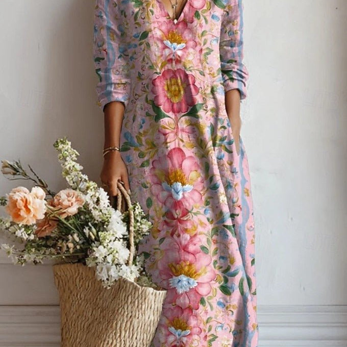 Joana™ | Vestido Boho Longo Rosa Florido - Vestido | Benedita Lisboa
