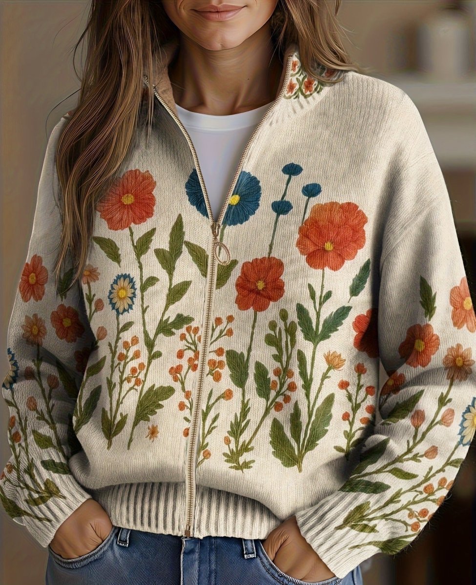 Juniper™ | Casaco de Malha com Fecho e Prado de Flores Silvestres - | Benedita Lisboa