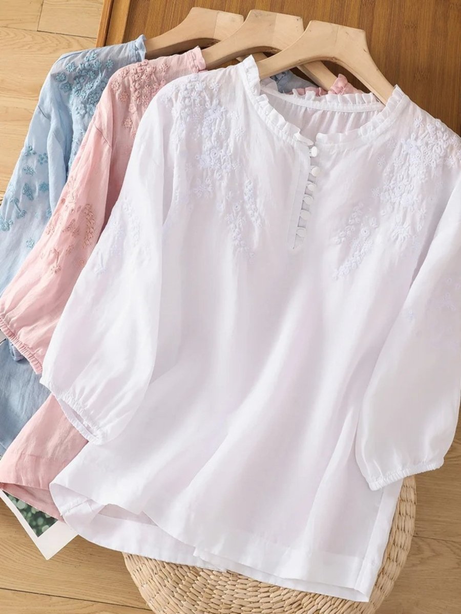 Kissina™ | Blusa de Algodão e Linho Bordada - | Benedita Lisboa