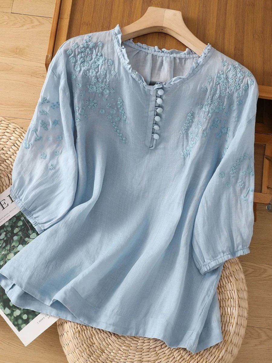 Kissina™ | Blusa de Algodão e Linho Bordada - | Benedita Lisboa
