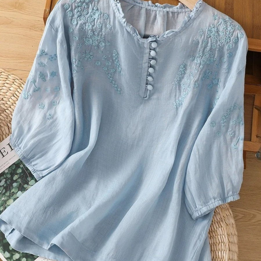 Kissina™ | Blusa de Algodão e Linho Bordada - | Benedita Lisboa