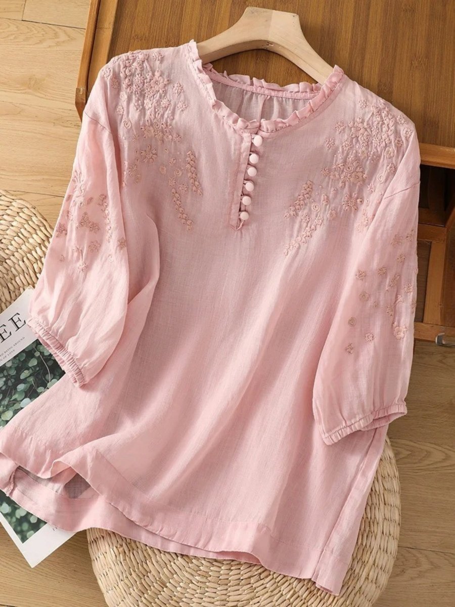 Kissina™ | Blusa de Algodão e Linho Bordada - | Benedita Lisboa