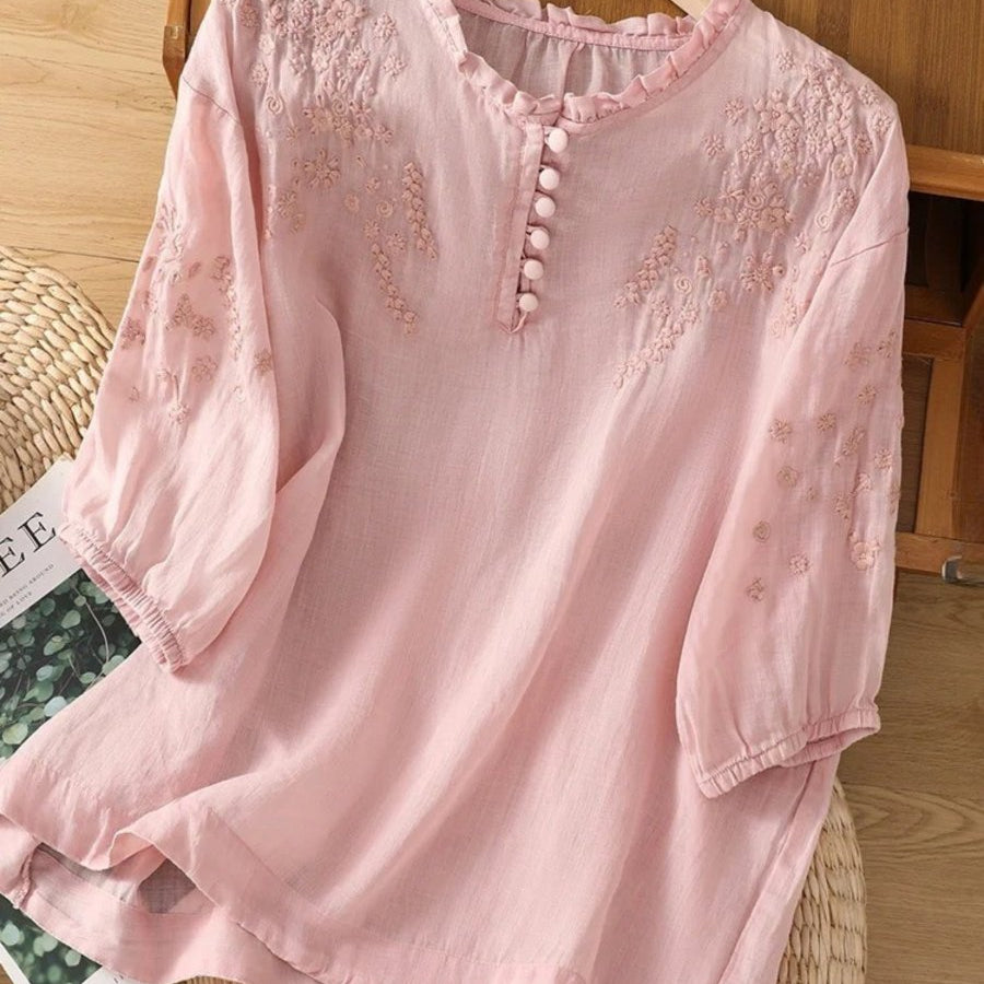 Kissina™ | Blusa de Algodão e Linho Bordada - | Benedita Lisboa