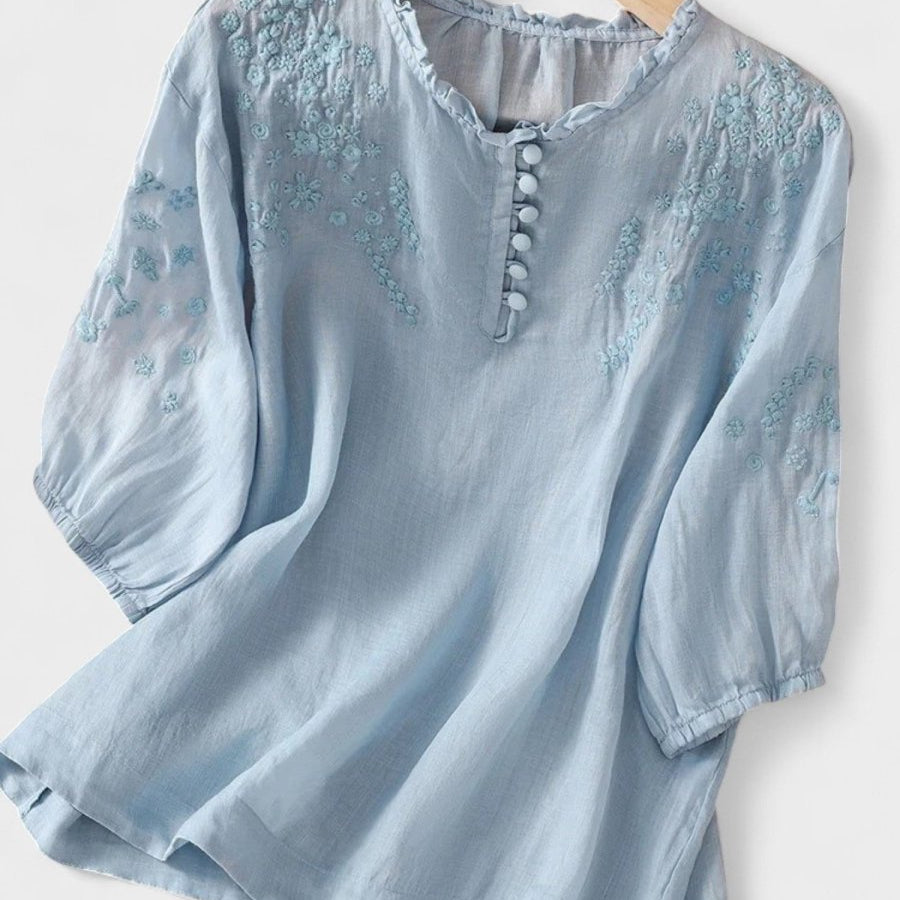 Kissina™ | Blusa de Algodão e Linho Bordada - | Benedita Lisboa