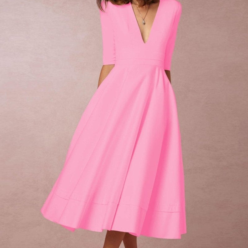 Laura™ | Vestido Midi Feminino Com Corte Em A, Decote Em V - | Benedita Lisboa