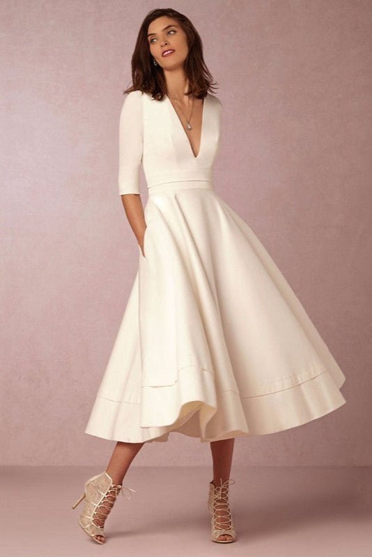 Laura™ | Vestido Midi Feminino Com Corte Em A, Decote Em V - | Benedita Lisboa