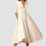 Laura™ | Vestido Midi Feminino Com Corte Em A, Decote Em V - | Benedita Lisboa