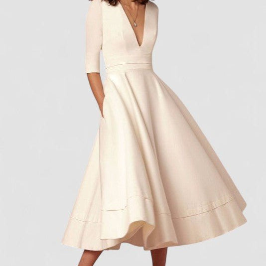Laura™ | Vestido Midi Feminino Com Corte Em A, Decote Em V - | Benedita Lisboa