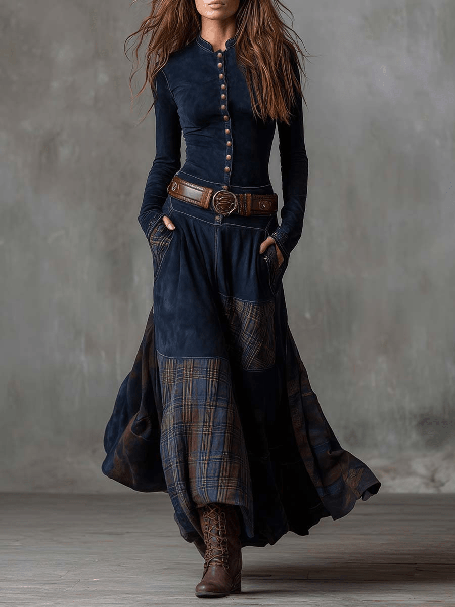 LEONORA™ | Vestido Longo Vintage em Camurça Xadrez Azul Navy (Inclui Cinto) - Vestido Casual Comprido | Benedita Lisboa