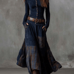 LEONORA™ | Vestido Longo Vintage em Camurça Xadrez Azul Navy (Inclui Cinto) - Vestido Casual Comprido | Benedita Lisboa