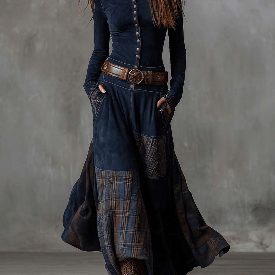 LEONORA™ | Vestido Longo Vintage em Camurça Xadrez Azul Navy (Inclui Cinto) - Vestido Casual Comprido | Benedita Lisboa
