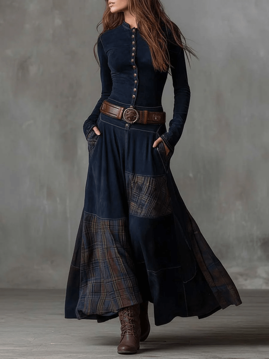 LEONORA™ | Vestido Longo Vintage em Camurça Xadrez Azul Navy (Inclui Cinto) - Vestido Casual Comprido | Benedita Lisboa