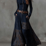 LEONORA™ | Vestido Longo Vintage em Camurça Xadrez Azul Navy (Inclui Cinto) - Vestido Casual Comprido | Benedita Lisboa