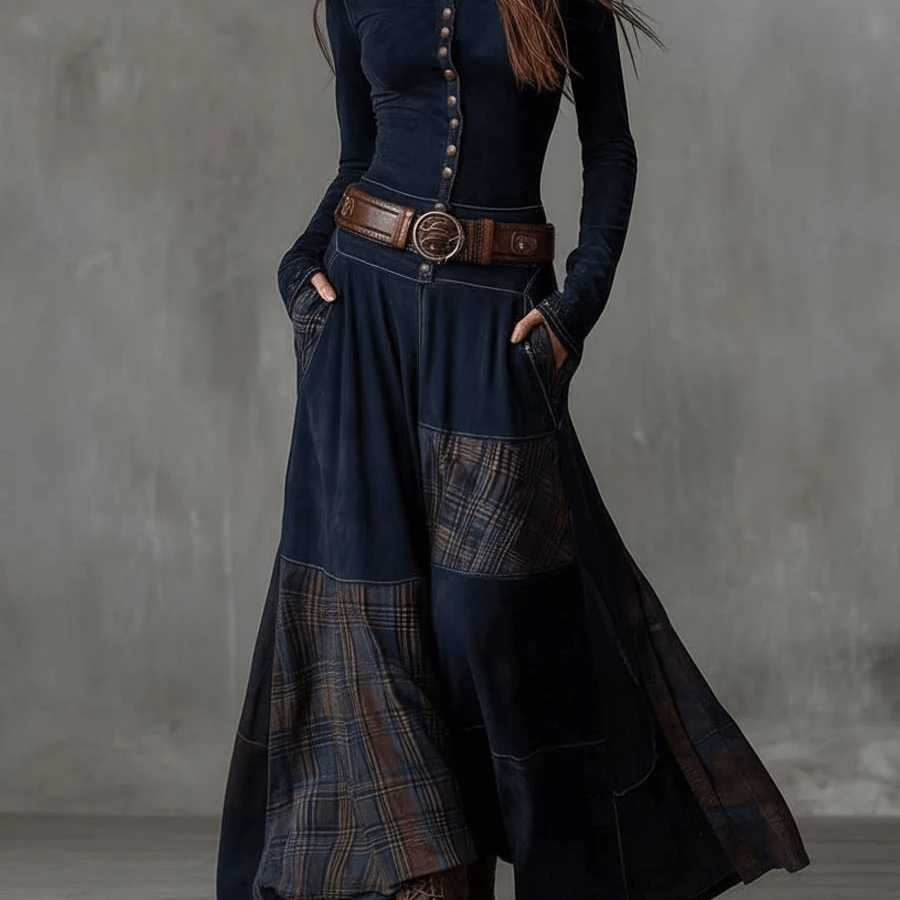 LEONORA™ | Vestido Longo Vintage em Camurça Xadrez Azul Navy (Inclui Cinto) - Vestido Casual Comprido | Benedita Lisboa
