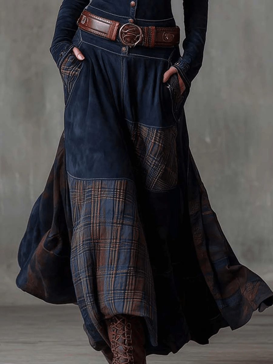 LEONORA™ | Vestido Longo Vintage em Camurça Xadrez Azul Navy (Inclui Cinto) - Vestido Casual Comprido | Benedita Lisboa