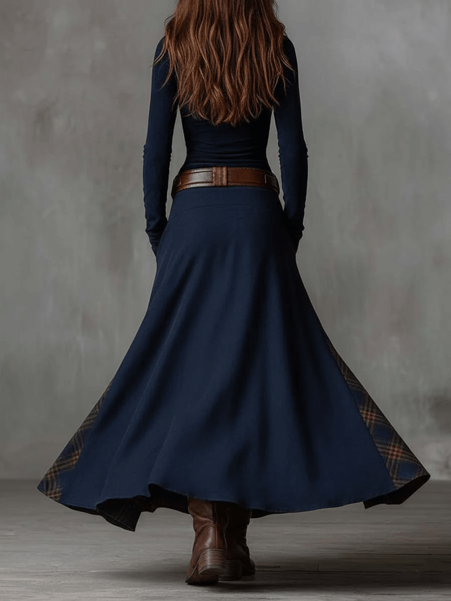 LEONORA™ | Vestido Longo Vintage em Camurça Xadrez Azul Navy (Inclui Cinto) - Vestido Casual Comprido | Benedita Lisboa