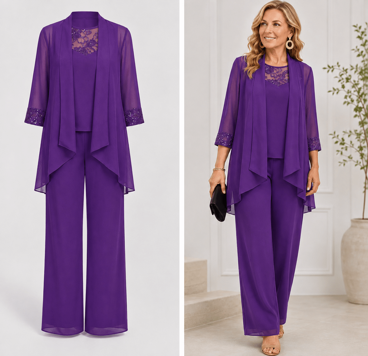 Liliana™ | Conjunto de Casaco Fluido e Calça de Perna Larga Roxo - set | Benedita Lisboa