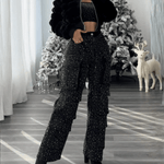 LÍVIA™ | Jeans Cargo com Pedraria Feminino - Calça de ganga com brilhp | Benedita Lisboa