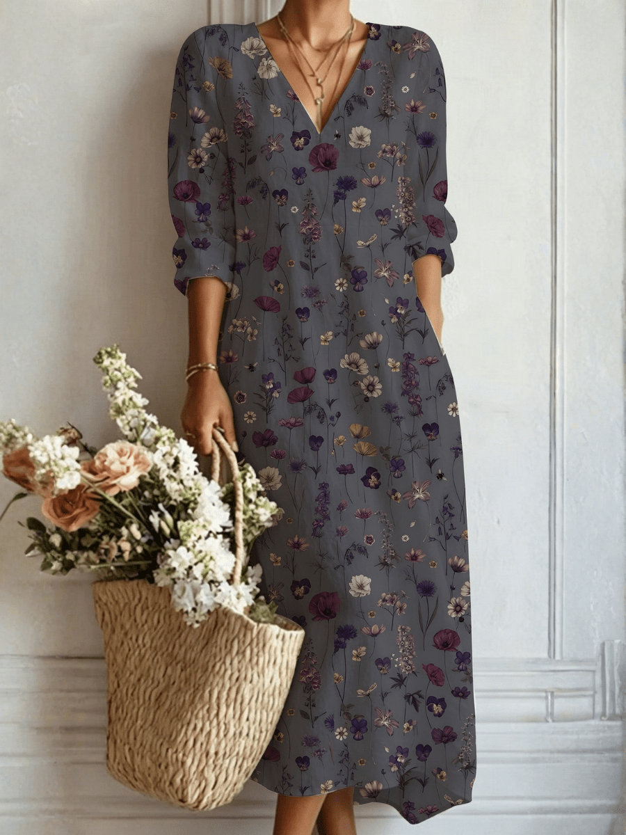 Lúcia™ | Vestido Boho Longo Cinzento Florido - Vestido | Benedita Lisboa