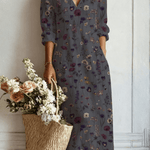 Lúcia™ | Vestido Boho Longo Cinzento Florido - Vestido | Benedita Lisboa