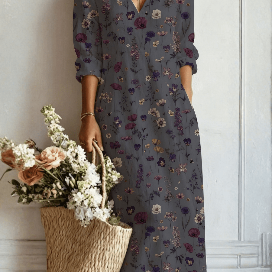 Lúcia™ | Vestido Boho Longo Cinzento Florido - Vestido | Benedita Lisboa