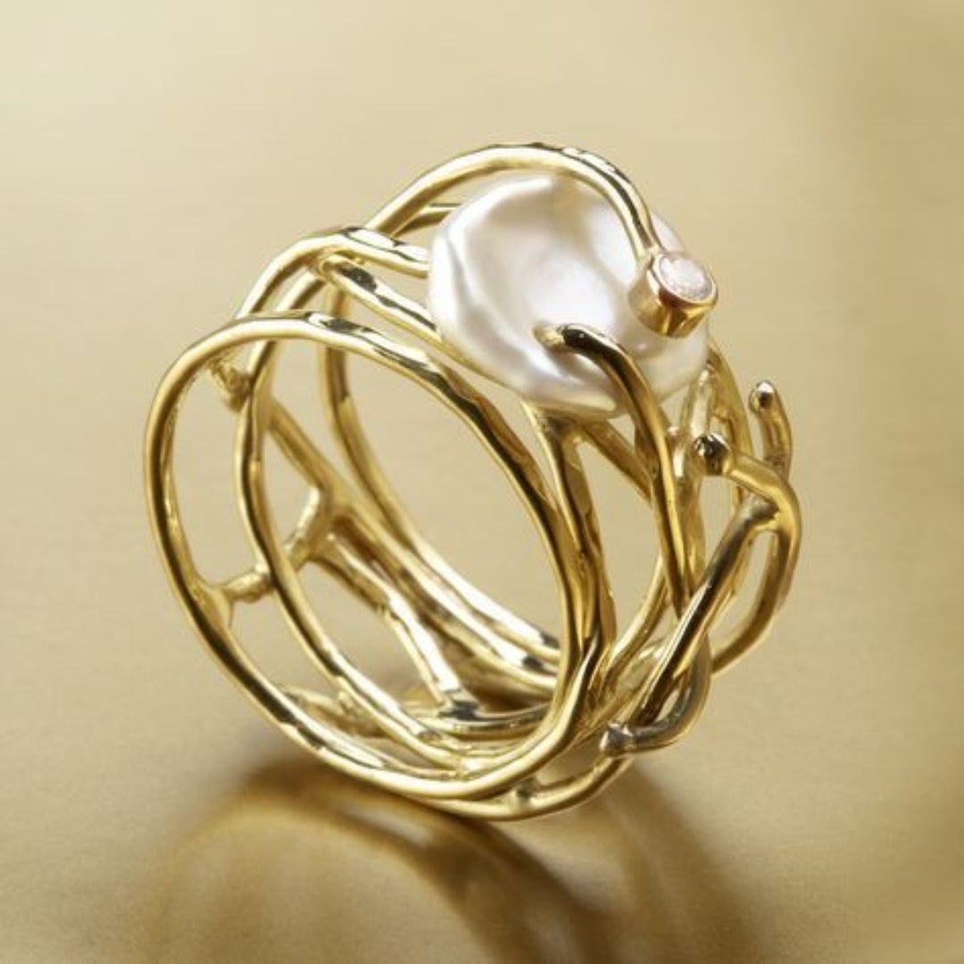 LuxPearl Anel Fino de Ouro com Perolas - Conforto Chic - | Benedita Lisboa