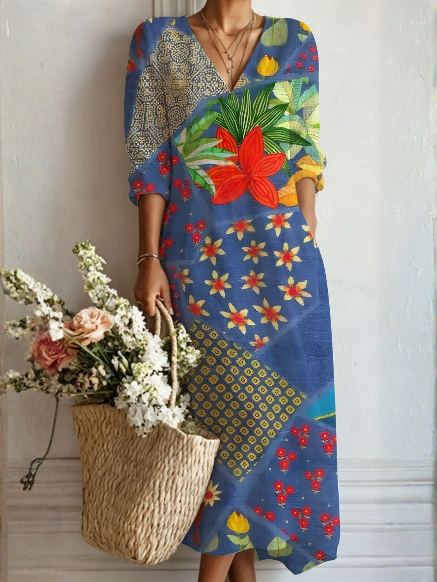Mafalda™ | Vestido Boho Longo Azul com Flor Tropical - Vestido | Benedita Lisboa