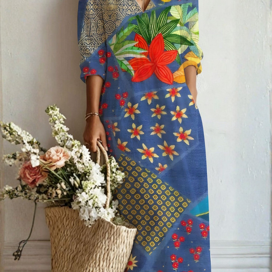 Mafalda™ | Vestido Boho Longo Azul com Flor Tropical - Vestido | Benedita Lisboa