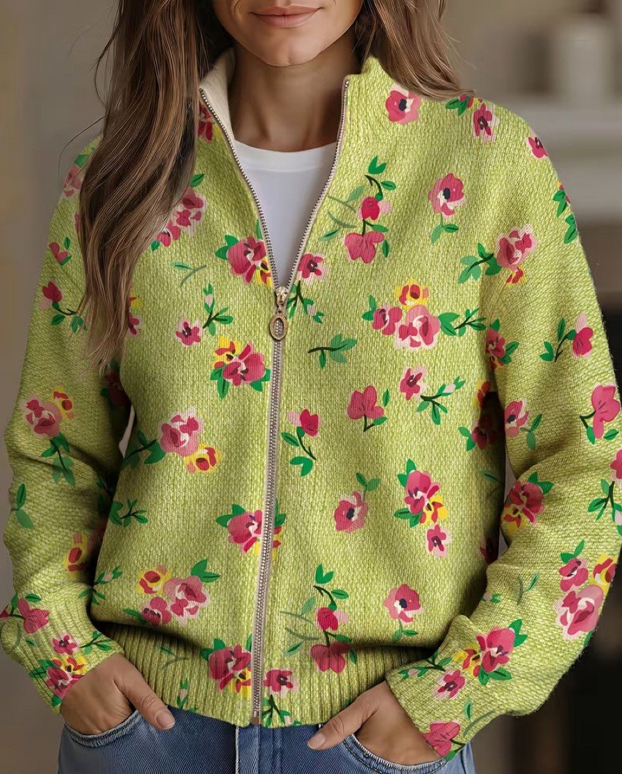 Margot™ | Casaco de Malha com Fecho e Flores Rosa sobre Lima - | Benedita Lisboa
