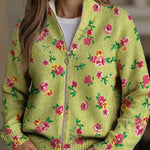 Margot™ | Casaco de Malha com Fecho e Flores Rosa sobre Lima - | Benedita Lisboa