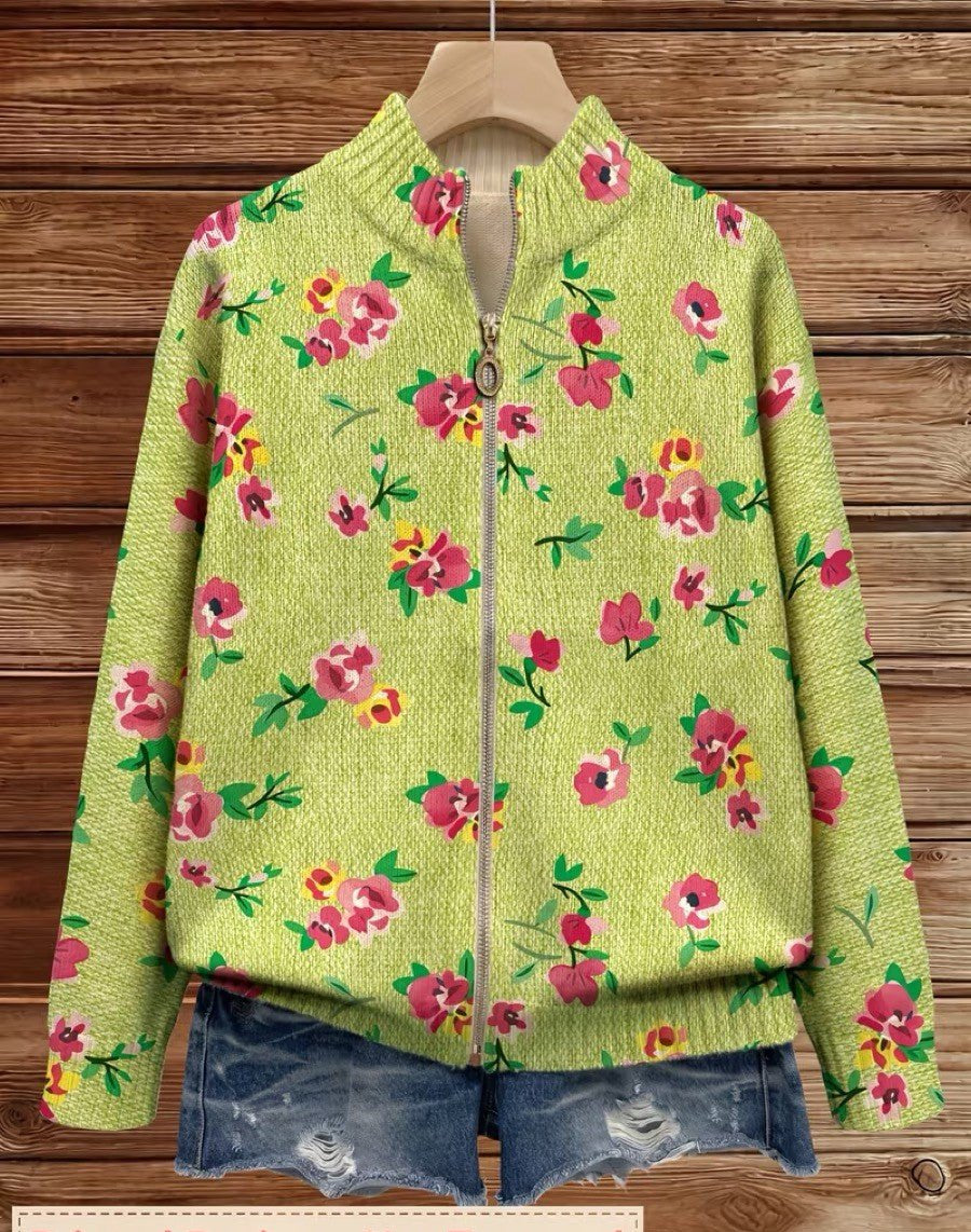 Margot™ | Casaco de Malha com Fecho e Flores Rosa sobre Lima - | Benedita Lisboa