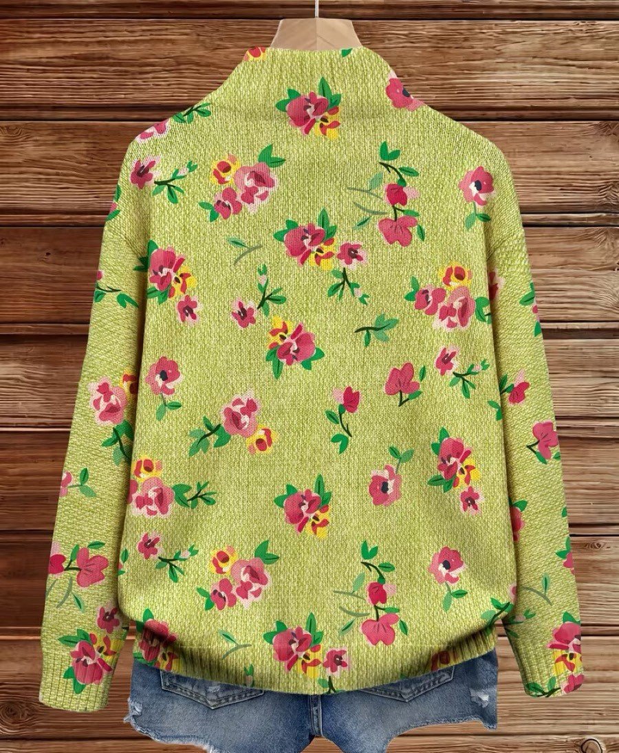 Margot™ | Casaco de Malha com Fecho e Flores Rosa sobre Lima - | Benedita Lisboa