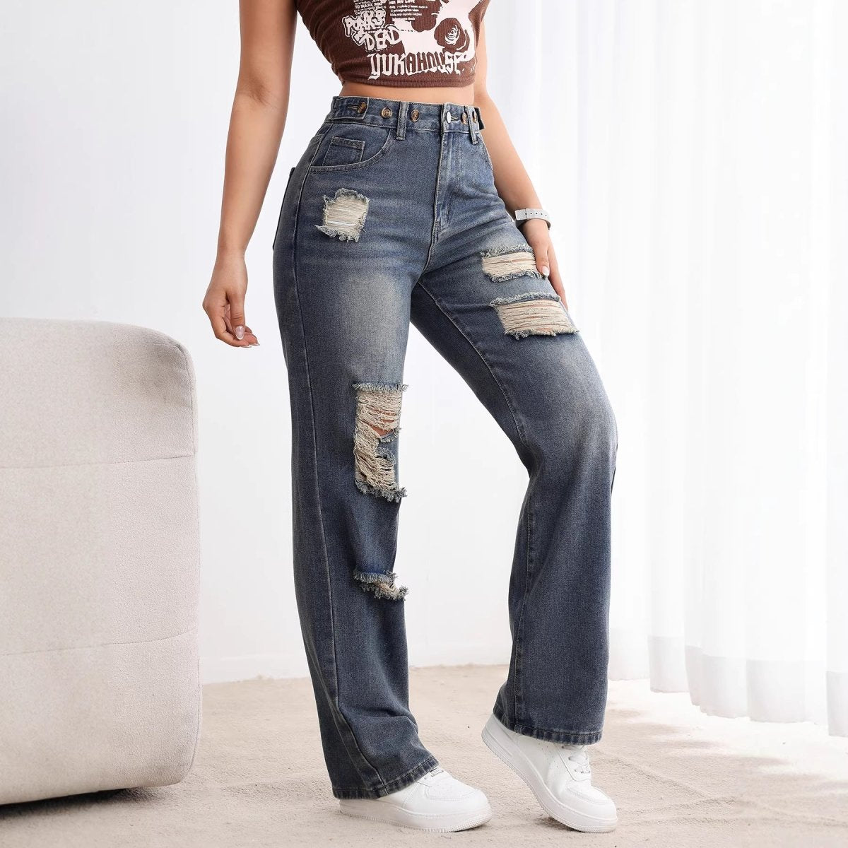 Maria™ | Jeans Rasgadas Cintura Alta - 0 | Benedita Lisboa