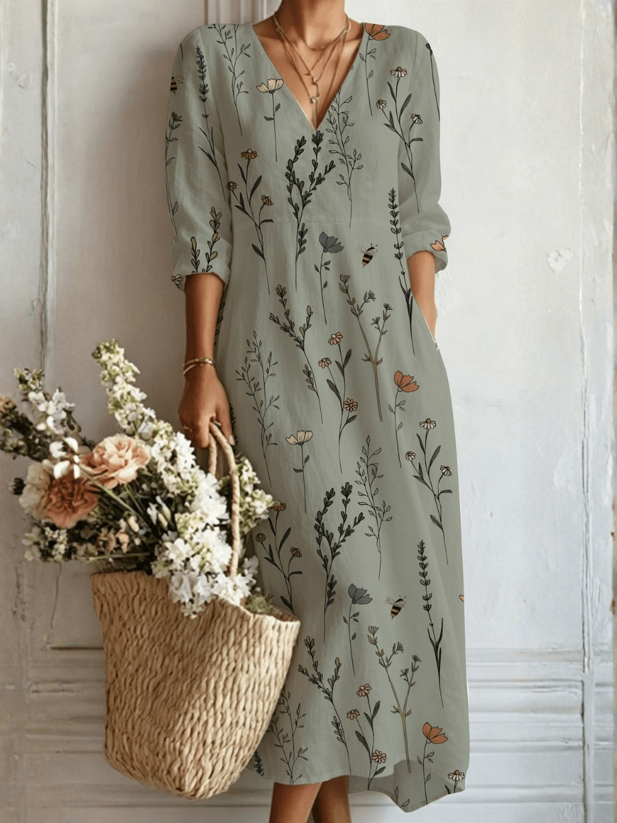 Mariana™ | Vestido Boho Longo Verde com Ramos - Vestido | Benedita Lisboa