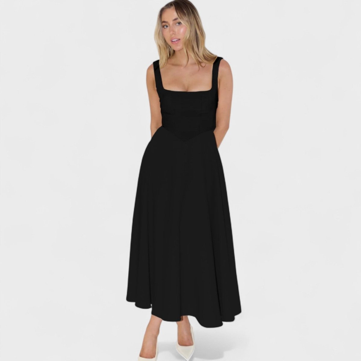 Maribel™ | Vestido Midi com decote quadrado - | Benedita Lisboa