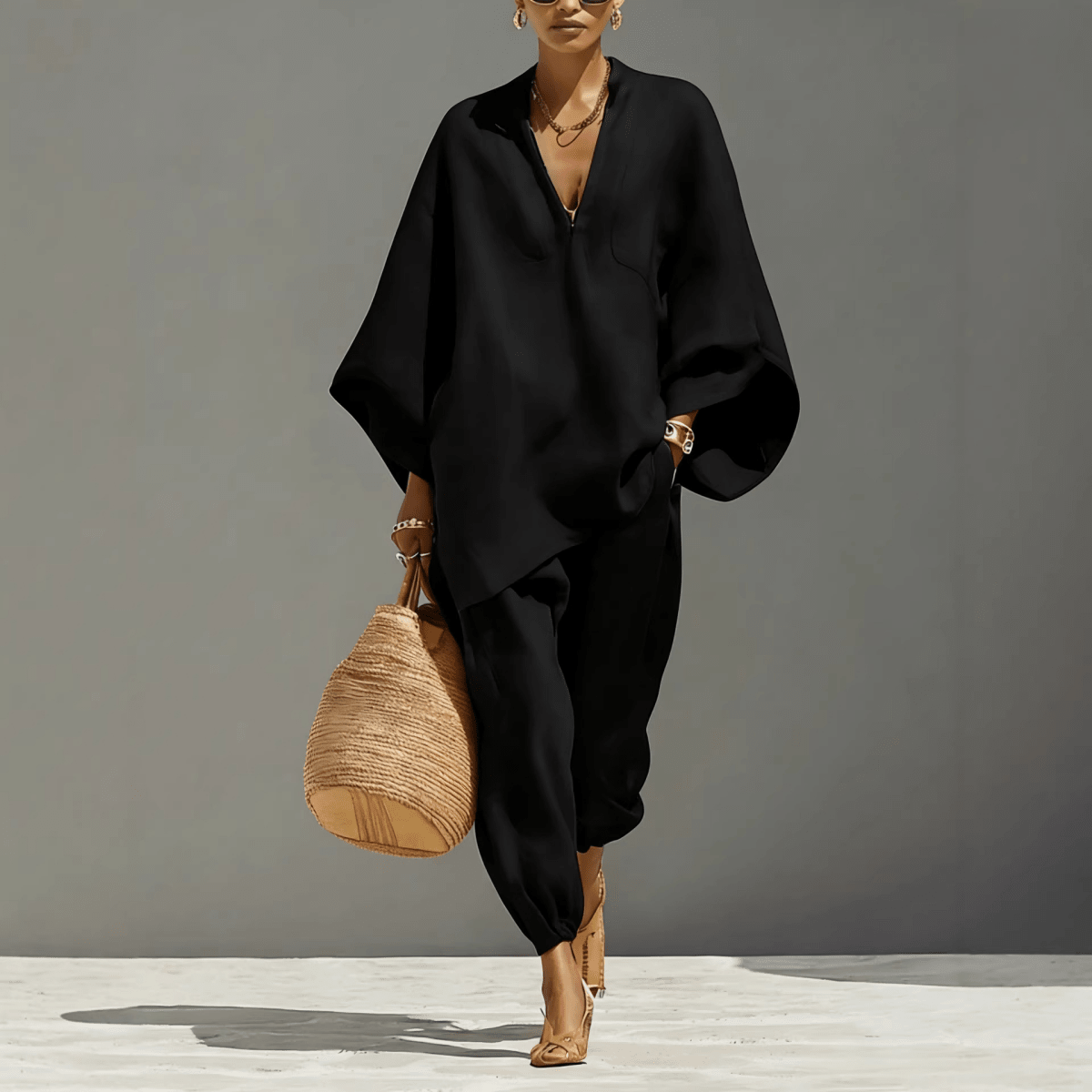 Melissa™ | Conjunto Premium de Linho Manga Ampla e Decote V - | Benedita Lisboa
