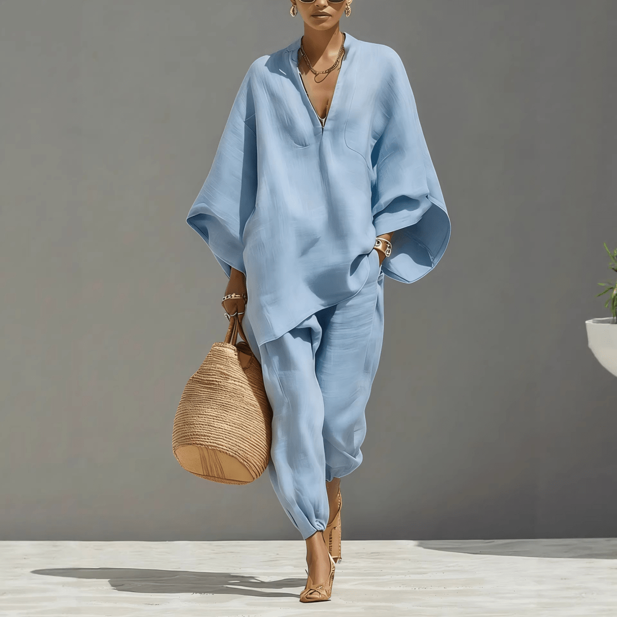 Melissa™ | Conjunto Premium de Linho Manga Ampla e Decote V - | Benedita Lisboa